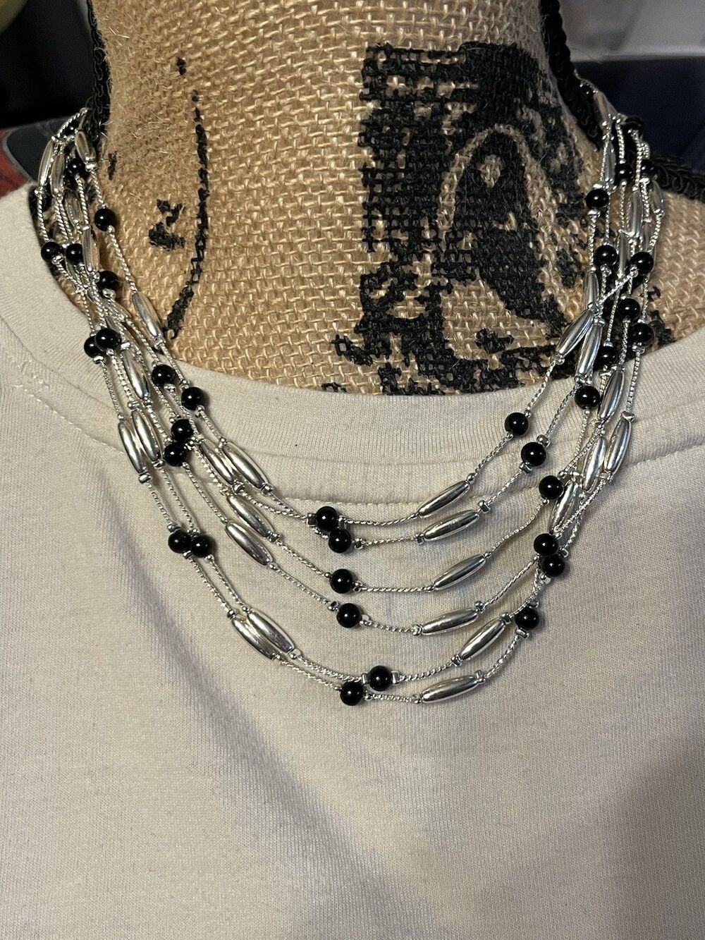 Liz Claiborne Layered Silver Tone Chain & Black Bead Accents